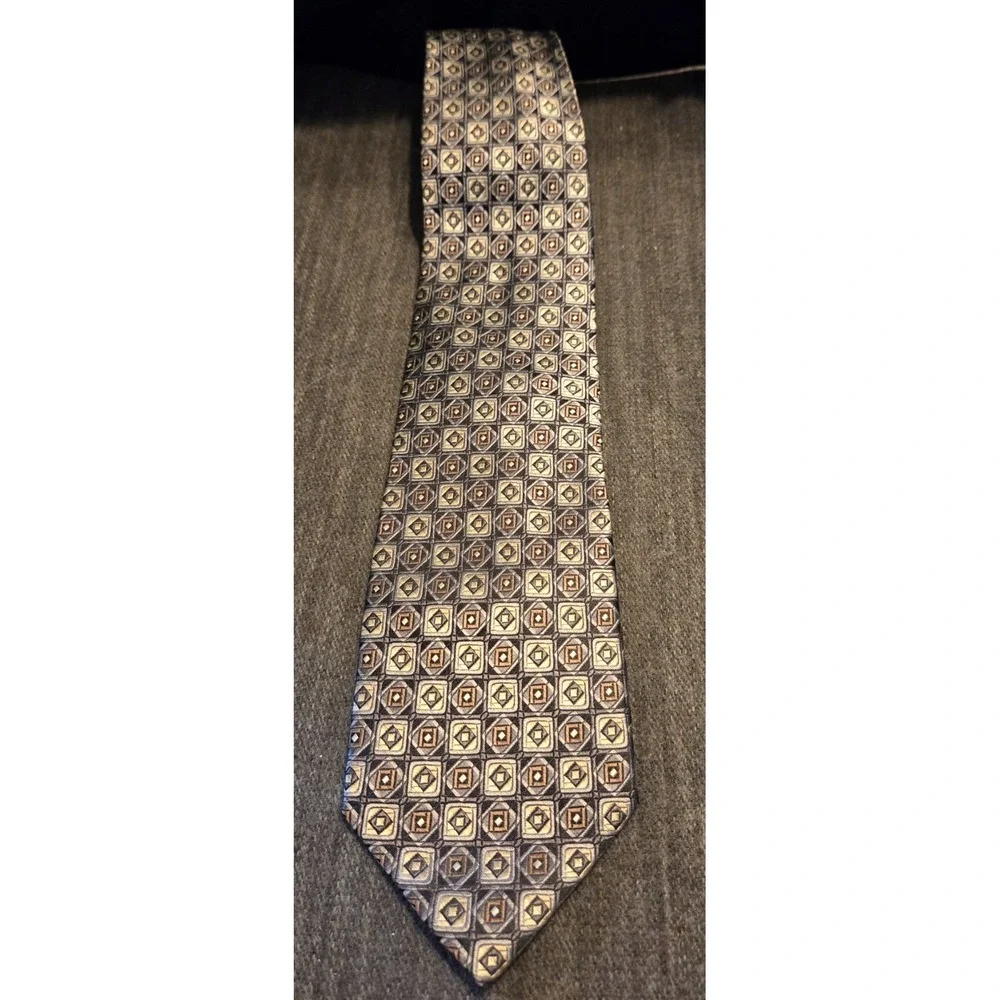 Pronto Uomo Silk Necktie Mens One Size Charcoal Gold Geometric‎ Medallion Tie